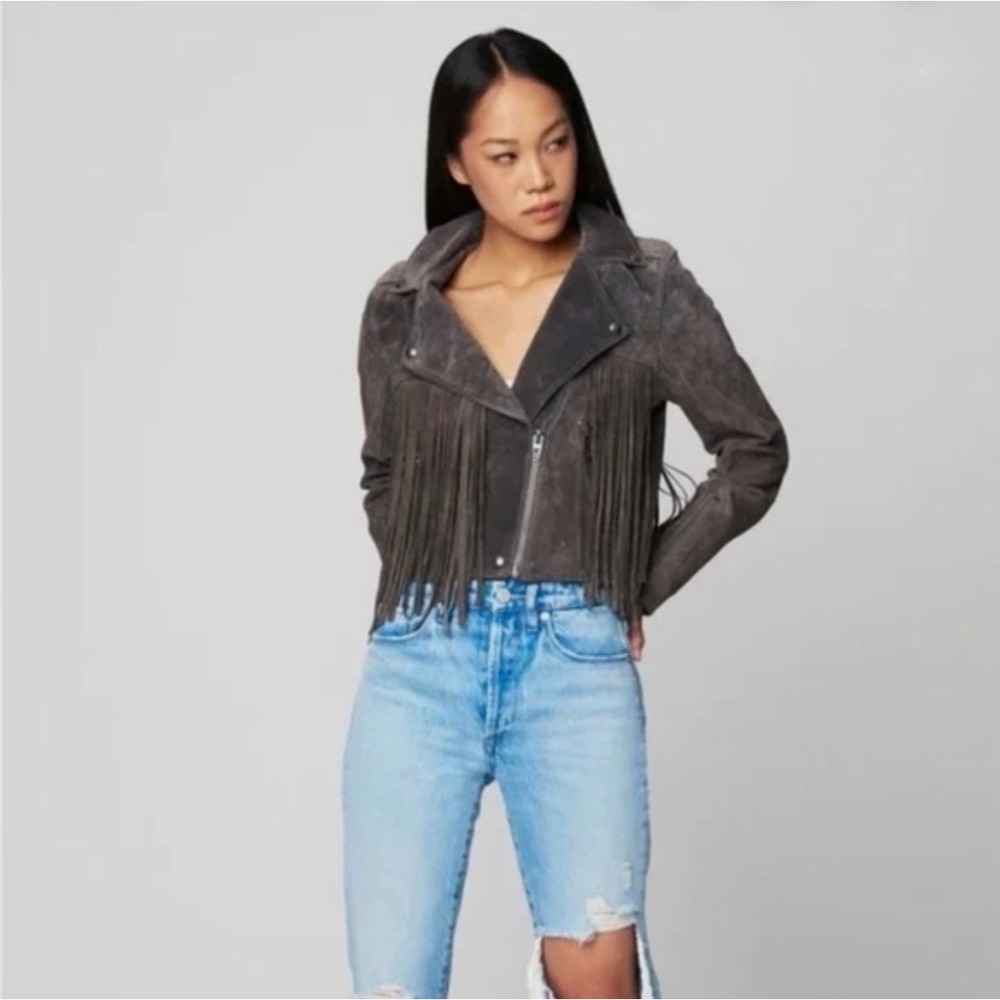 BLANKNYC High Altitude Gray Suede Fringe Moto Cowboy Cowgirl Crop Jacket Large - Picture 13 of 14